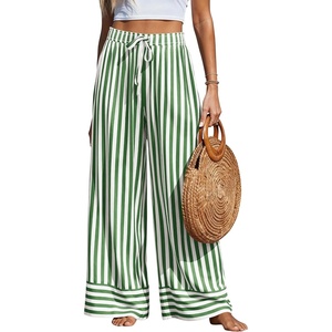 PRETTYGARDEN Women’s Palazzo Pants 2026 Summer Striped Satin Wide Leg High Waisted Flowy Lounge Trousers Pockets(Striped Green White)