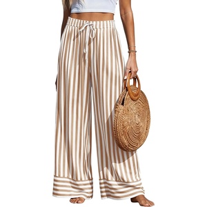 PRETTYGARDEN Women’s Palazzo Pants 2026 Summer Striped Satin Wide Leg High Waisted Flowy Lounge Trousers Pockets(Striped Khaki White)