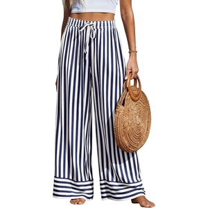 PRETTYGARDEN Women’s Palazzo Pants 2026 Summer Striped Satin Wide Leg High Waisted Flowy Lounge Trousers Pockets(Striped Navy White)