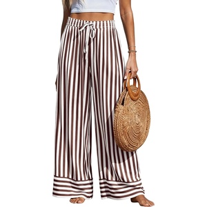 PRETTYGARDEN Women’s Palazzo Pants 2026 Summer Striped Satin Wide Leg High Waisted Flowy Lounge Trousers Pockets(Striped White Brown)