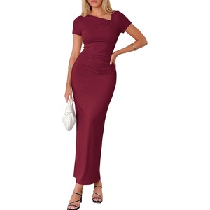 PRETTYGARDEN Women’s Ruched Maxi Dress 2026 Summer Short Sleeve Asymmetric Neck Back Slit Bodycon Cocktail Party Long Dresses(Burgundy)