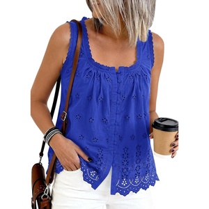 PRETTYGARDEN Womens Tank Tops 2026 Summer Button Down Shirts Embroidered Eyelet Dressy Casual Blouses Beach Vacation Clothes(Blue)