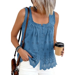 PRETTYGARDEN Womens Tank Tops 2026 Summer Button Down Shirts Embroidered Eyelet Dressy Casual Blouses Beach Vacation Clothes(Dusty Blue)
