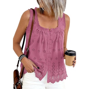 PRETTYGARDEN Womens Tank Tops 2026 Summer Button Down Shirts Embroidered Eyelet Dressy Casual Blouses Beach Vacation Clothes(Dusty Pink)