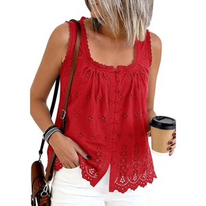 PRETTYGARDEN Womens Tank Tops 2026 Summer Button Down Shirts Embroidered Eyelet Dressy Casual Blouses Beach Vacation Clothes(Red)