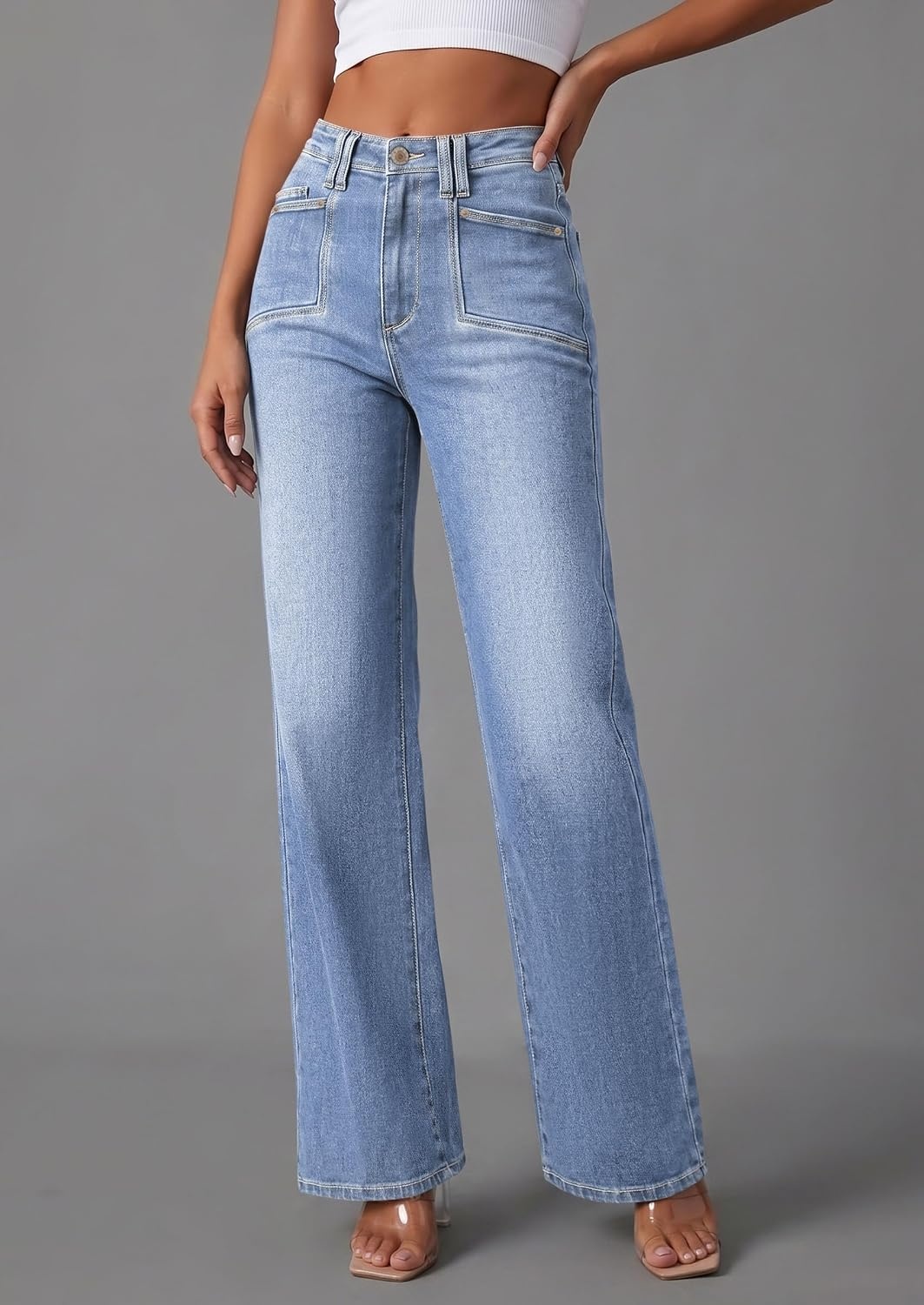 image:imagePRETTYGARDEN High Waisted Wide Leg Jeans for Women 2026 Trendy Baggy Straight Leg Stretchy Summer Denim Pants with PocketsBeau Blue