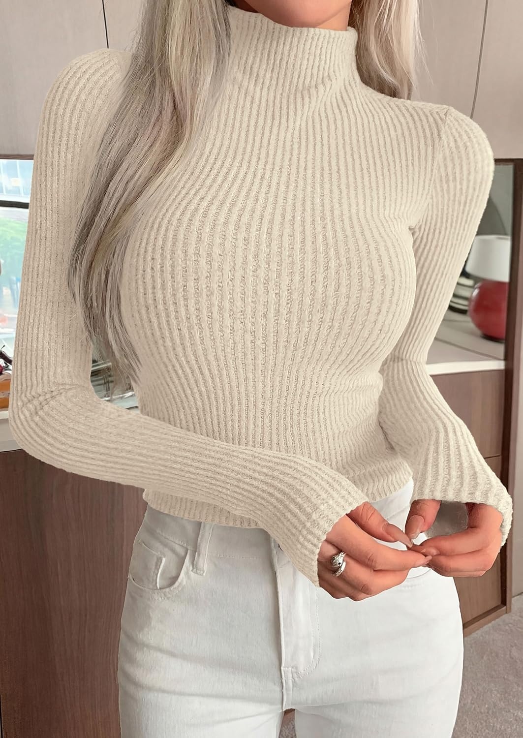 image:imagePRETTYGARDEN Long Sleeve Shirts for Women Fall Fashion 2026 Mock Neck Fitted Ribbed Sweater Tops Casual Basic Winter ClothingApricot