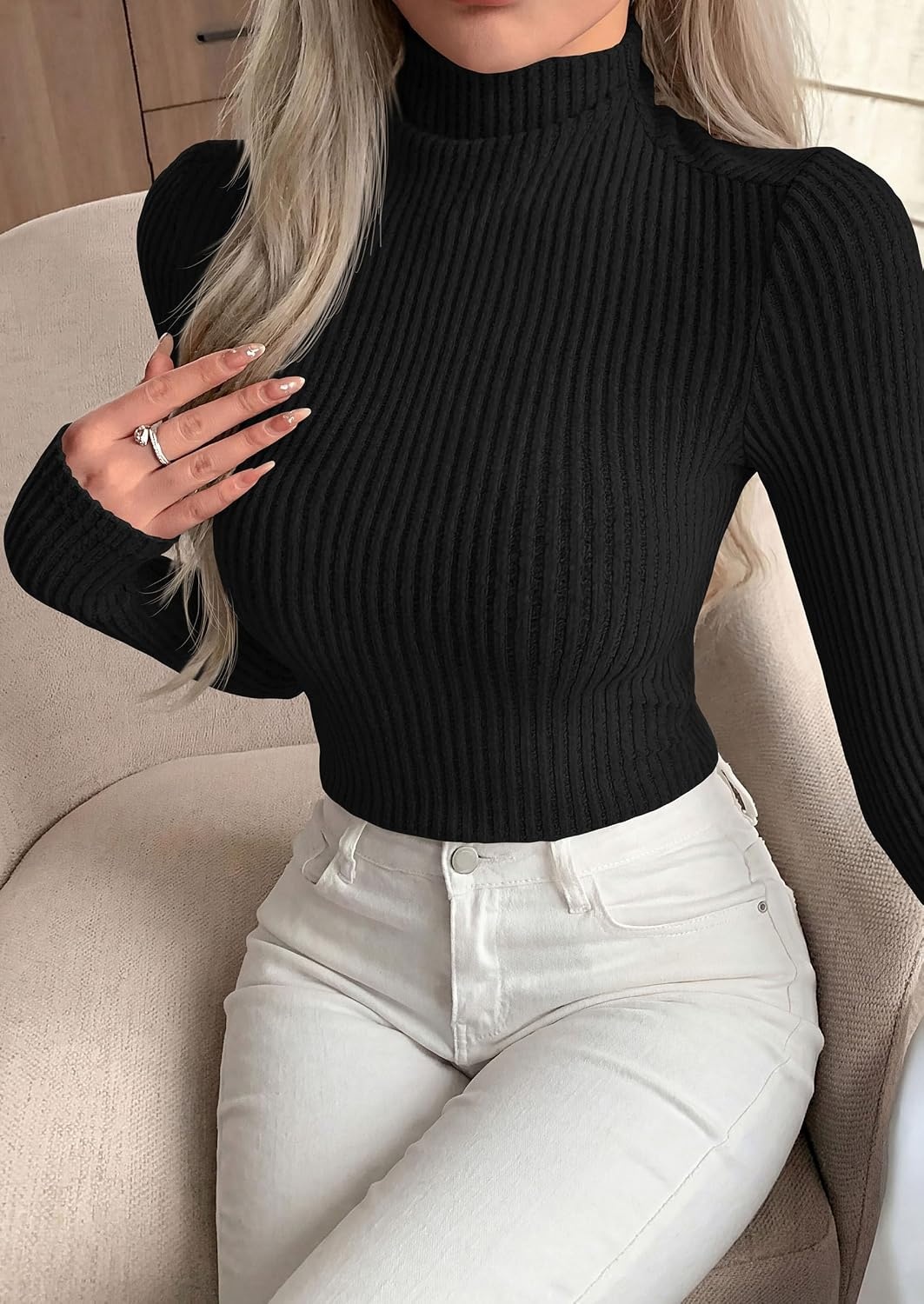 image:imagePRETTYGARDEN Long Sleeve Shirts for Women Fall Fashion 2026 Mock Neck Fitted Ribbed Sweater Tops Casual Basic Winter ClothingBlack