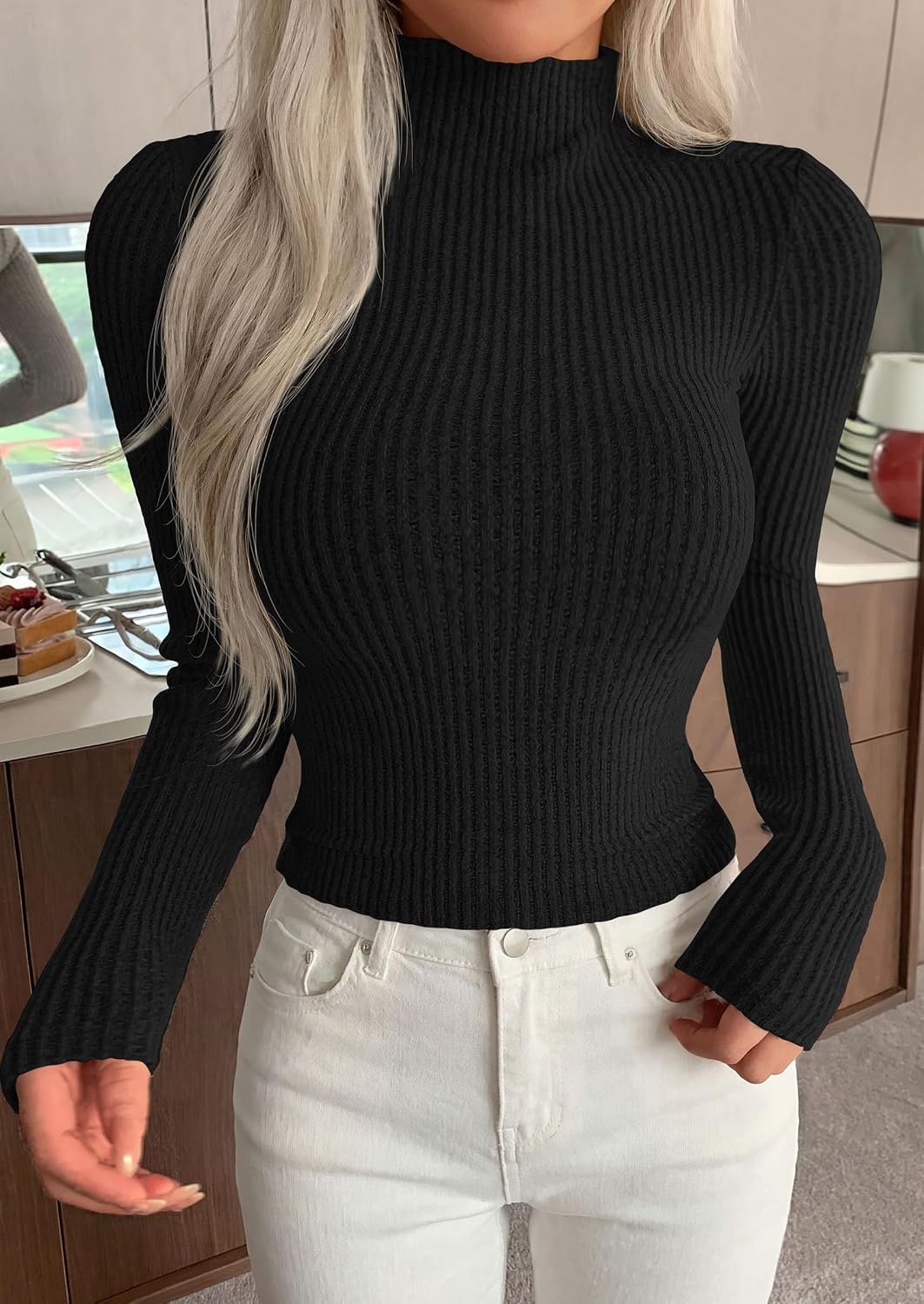 image:imagePRETTYGARDEN Long Sleeve Shirts for Women Fall Fashion 2026 Mock Neck Fitted Ribbed Sweater Tops Casual Basic Winter ClothingBlack