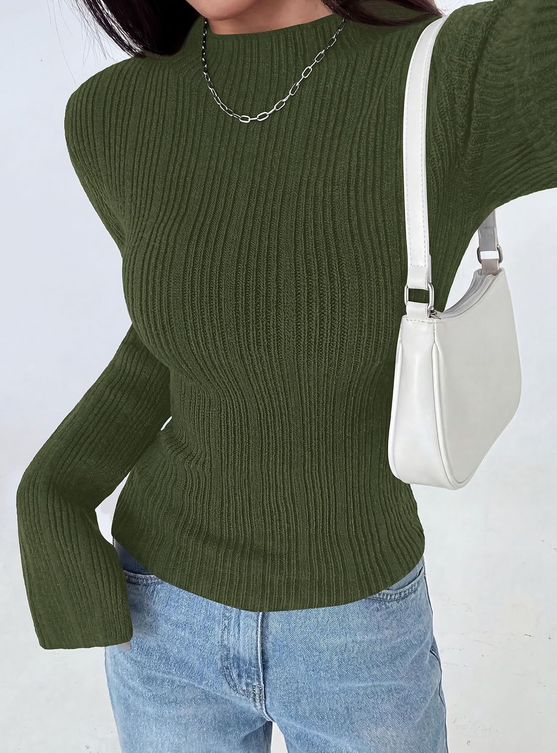 image:imagePRETTYGARDEN Sweaters for Women Lightweight Mock Neck Bell Long Sleeve Fitted Tops Ribbed Pullover 2026 Fall Fashion ClothingArmy Green