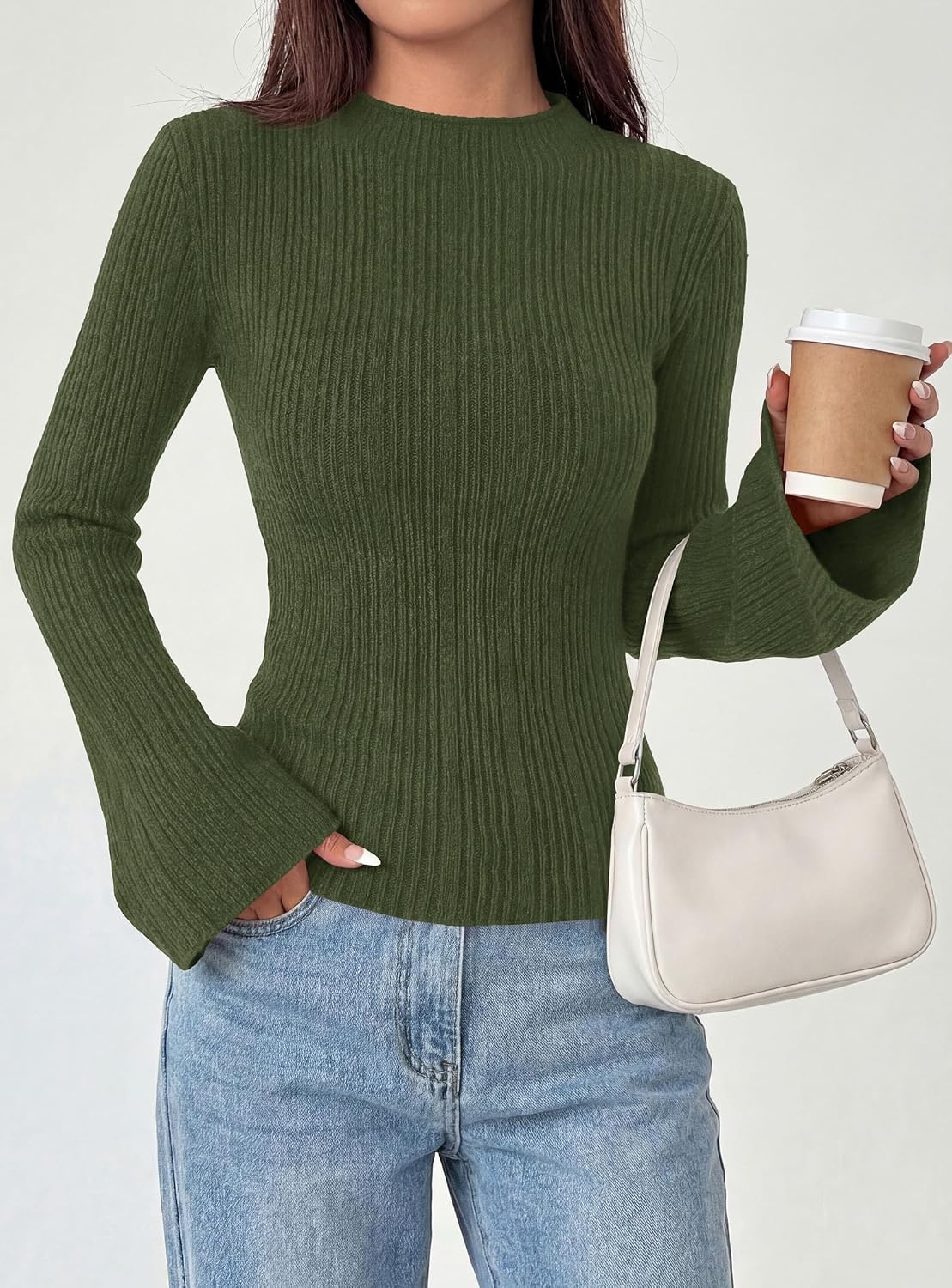 image:imagePRETTYGARDEN Sweaters for Women Lightweight Mock Neck Bell Long Sleeve Fitted Tops Ribbed Pullover 2026 Fall Fashion ClothingArmy Green