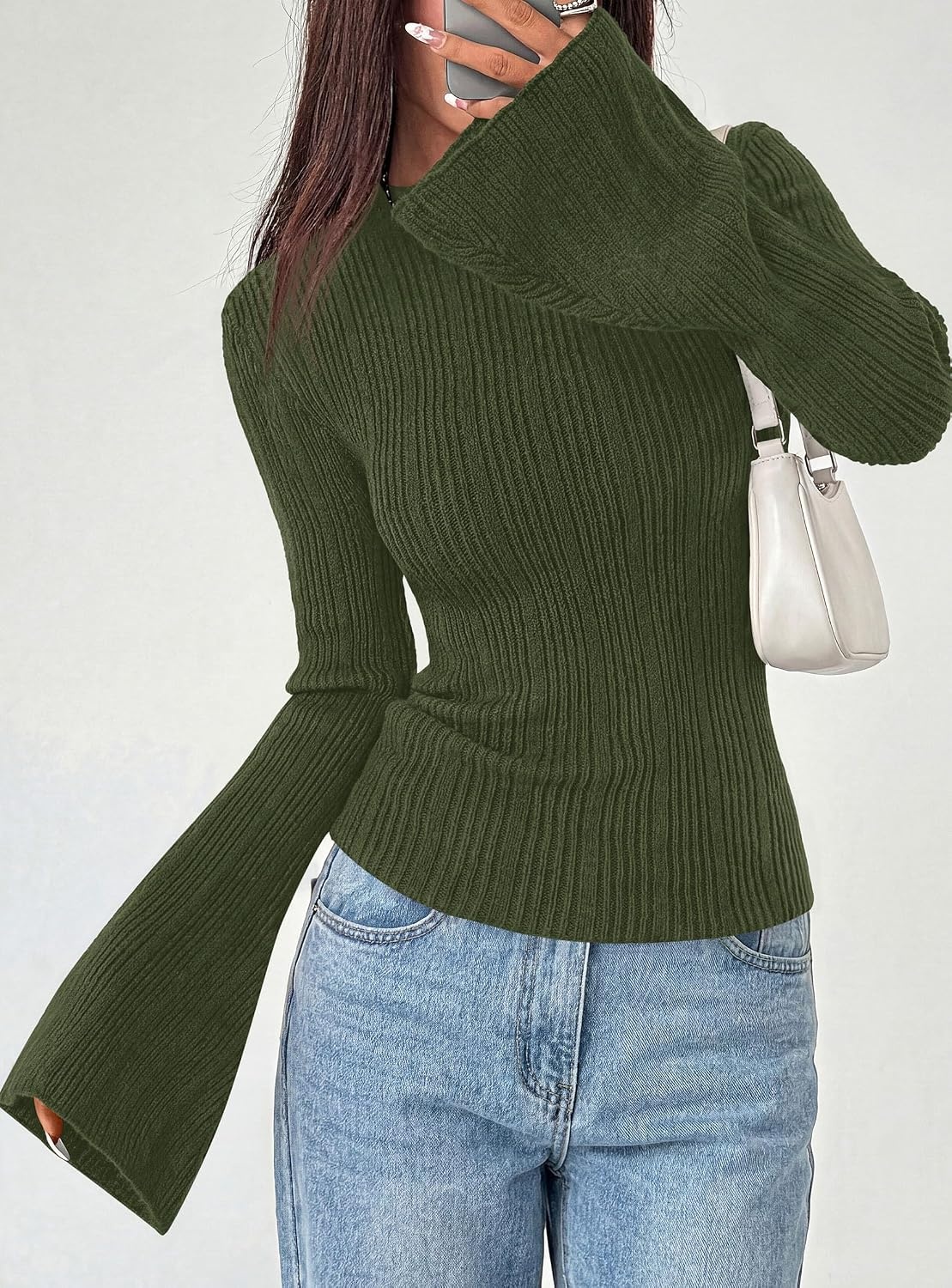 image:imagePRETTYGARDEN Sweaters for Women Lightweight Mock Neck Bell Long Sleeve Fitted Tops Ribbed Pullover 2026 Fall Fashion ClothingArmy Green