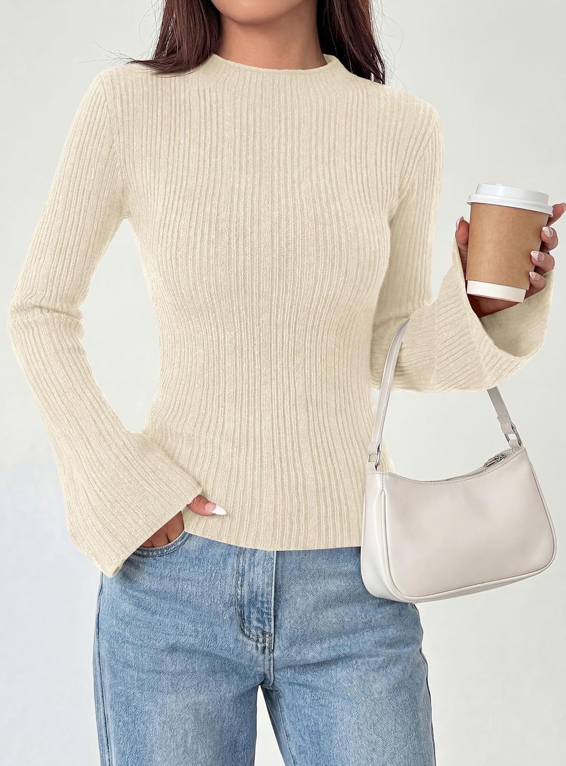 image:imagePRETTYGARDEN Sweaters for Women Lightweight Mock Neck Bell Long Sleeve Fitted Tops Ribbed Pullover 2026 Fall Fashion ClothingBeige