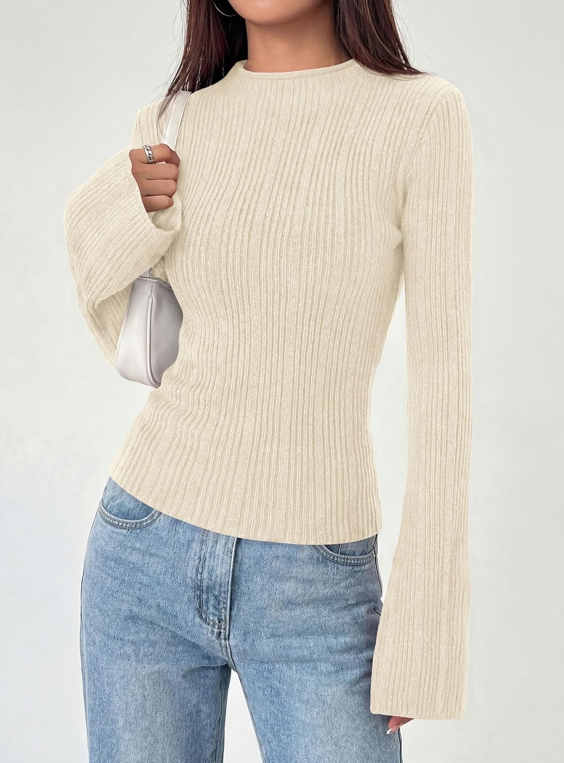 image:imagePRETTYGARDEN Sweaters for Women Lightweight Mock Neck Bell Long Sleeve Fitted Tops Ribbed Pullover 2026 Fall Fashion ClothingBeige