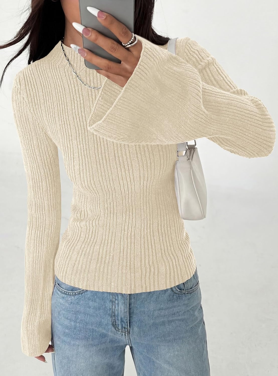 image:imagePRETTYGARDEN Sweaters for Women Lightweight Mock Neck Bell Long Sleeve Fitted Tops Ribbed Pullover 2026 Fall Fashion ClothingBeige
