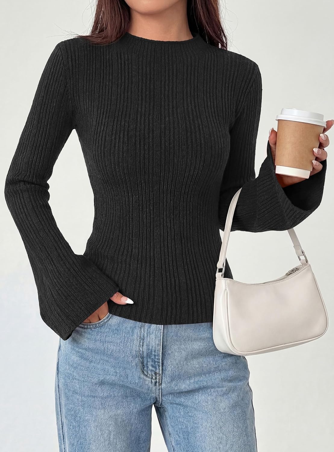 image:imagePRETTYGARDEN Sweaters for Women Lightweight Mock Neck Bell Long Sleeve Fitted Tops Ribbed Pullover 2026 Fall Fashion ClothingBlack