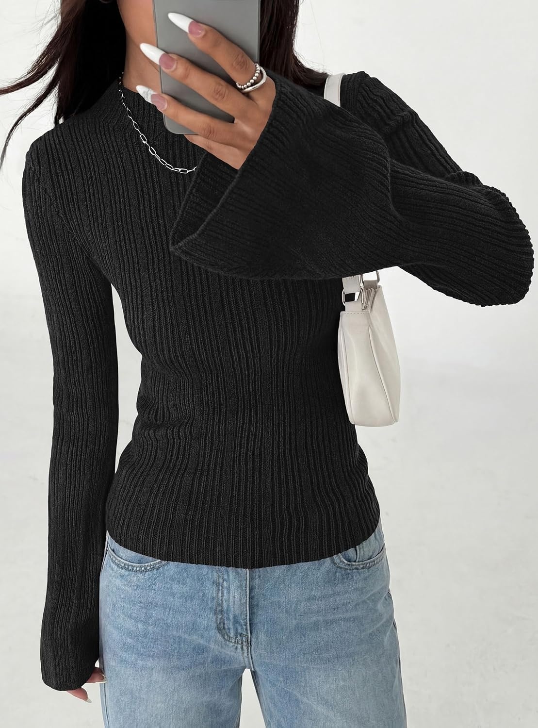 image:imagePRETTYGARDEN Sweaters for Women Lightweight Mock Neck Bell Long Sleeve Fitted Tops Ribbed Pullover 2026 Fall Fashion ClothingBlack