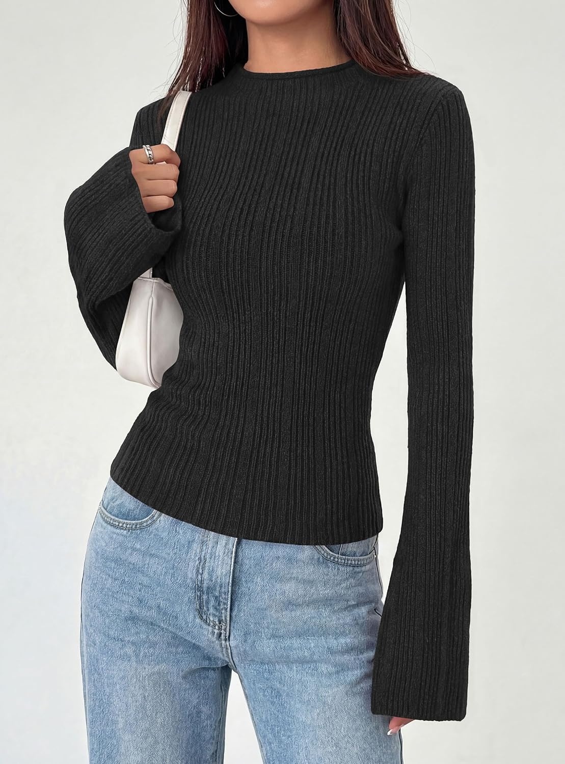 image:imagePRETTYGARDEN Sweaters for Women Lightweight Mock Neck Bell Long Sleeve Fitted Tops Ribbed Pullover 2026 Fall Fashion ClothingBlack