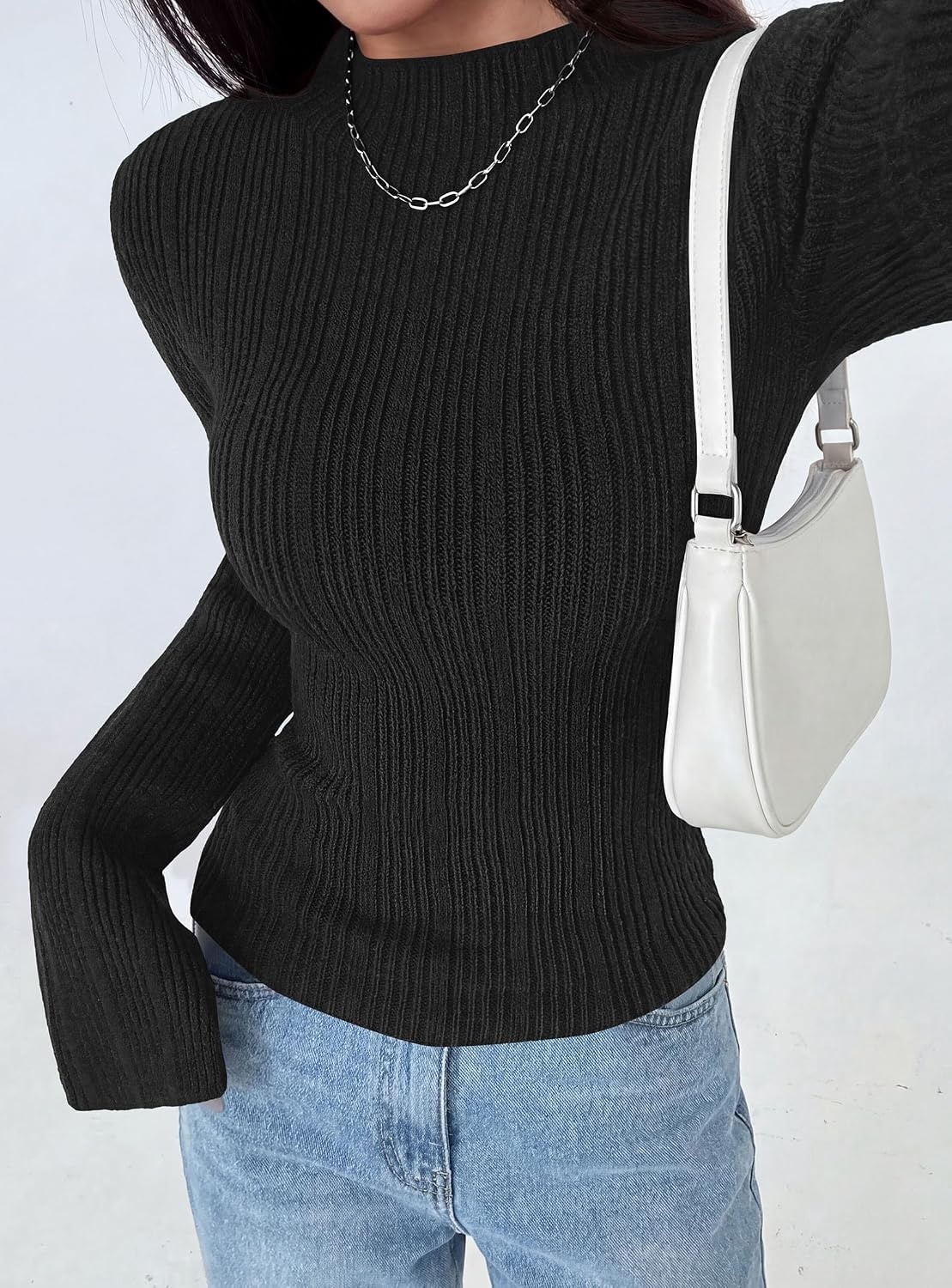 image:imagePRETTYGARDEN Sweaters for Women Lightweight Mock Neck Bell Long Sleeve Fitted Tops Ribbed Pullover 2026 Fall Fashion ClothingBlack