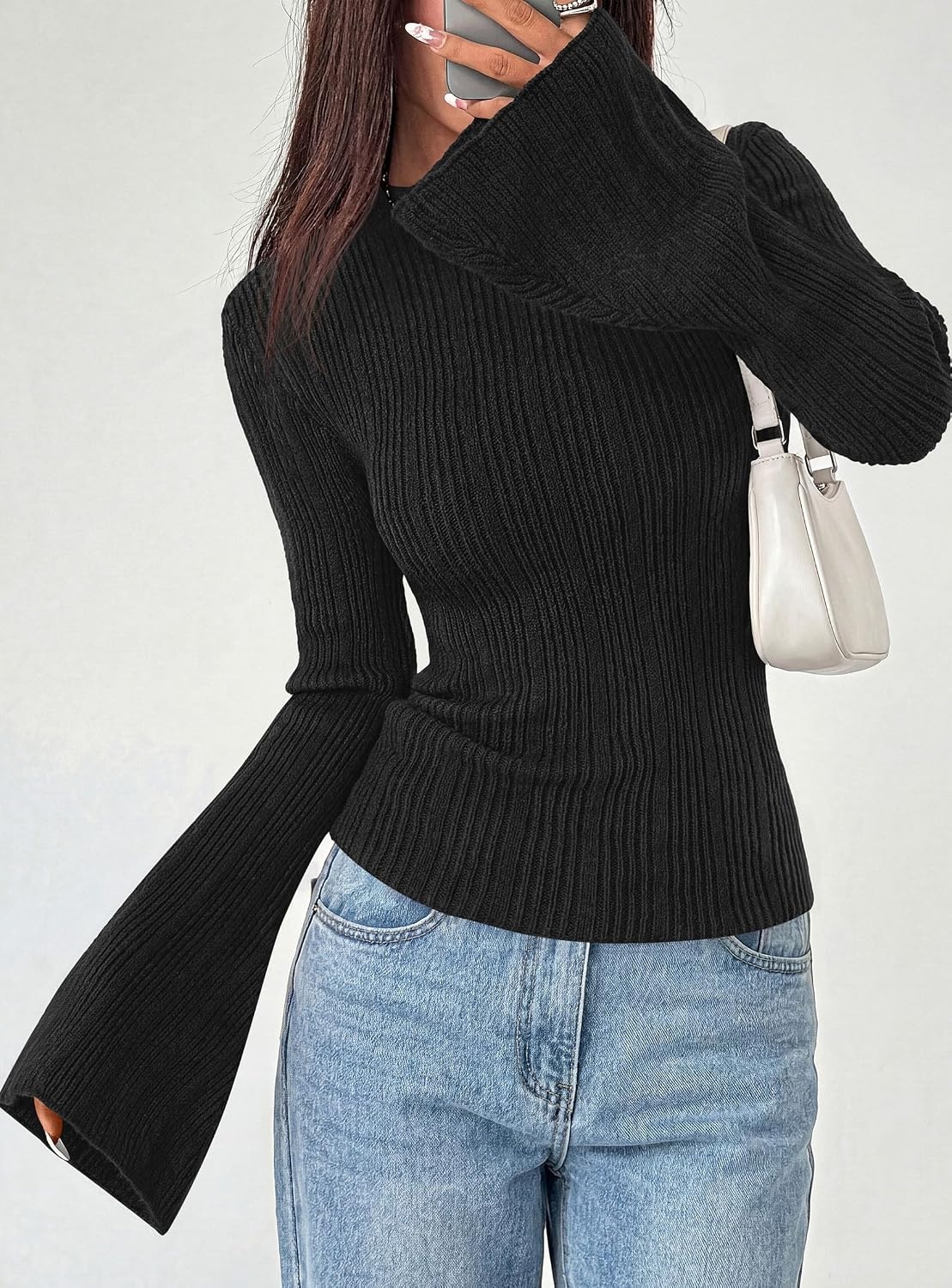 image:imagePRETTYGARDEN Sweaters for Women Lightweight Mock Neck Bell Long Sleeve Fitted Tops Ribbed Pullover 2026 Fall Fashion ClothingBlack