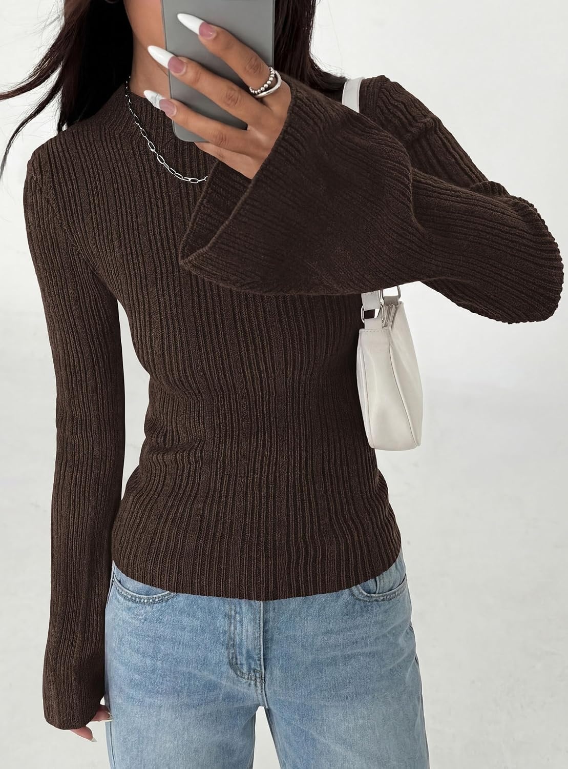 image:imagePRETTYGARDEN Sweaters for Women Lightweight Mock Neck Bell Long Sleeve Fitted Tops Ribbed Pullover 2026 Fall Fashion ClothingBrown