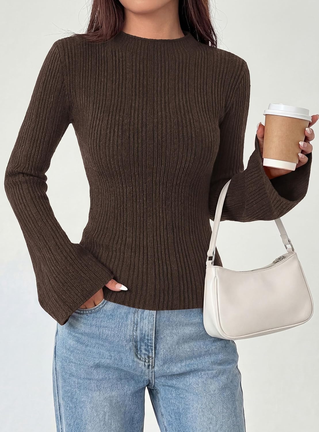 image:imagePRETTYGARDEN Sweaters for Women Lightweight Mock Neck Bell Long Sleeve Fitted Tops Ribbed Pullover 2026 Fall Fashion ClothingBrown