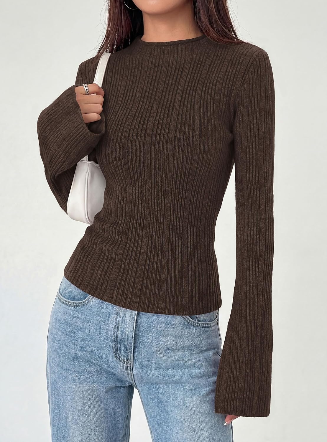image:imagePRETTYGARDEN Sweaters for Women Lightweight Mock Neck Bell Long Sleeve Fitted Tops Ribbed Pullover 2026 Fall Fashion ClothingBrown