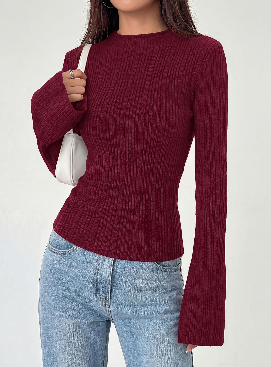 image:imagePRETTYGARDEN Sweaters for Women Lightweight Mock Neck Bell Long Sleeve Fitted Tops Ribbed Pullover 2026 Fall Fashion ClothingBurgundy