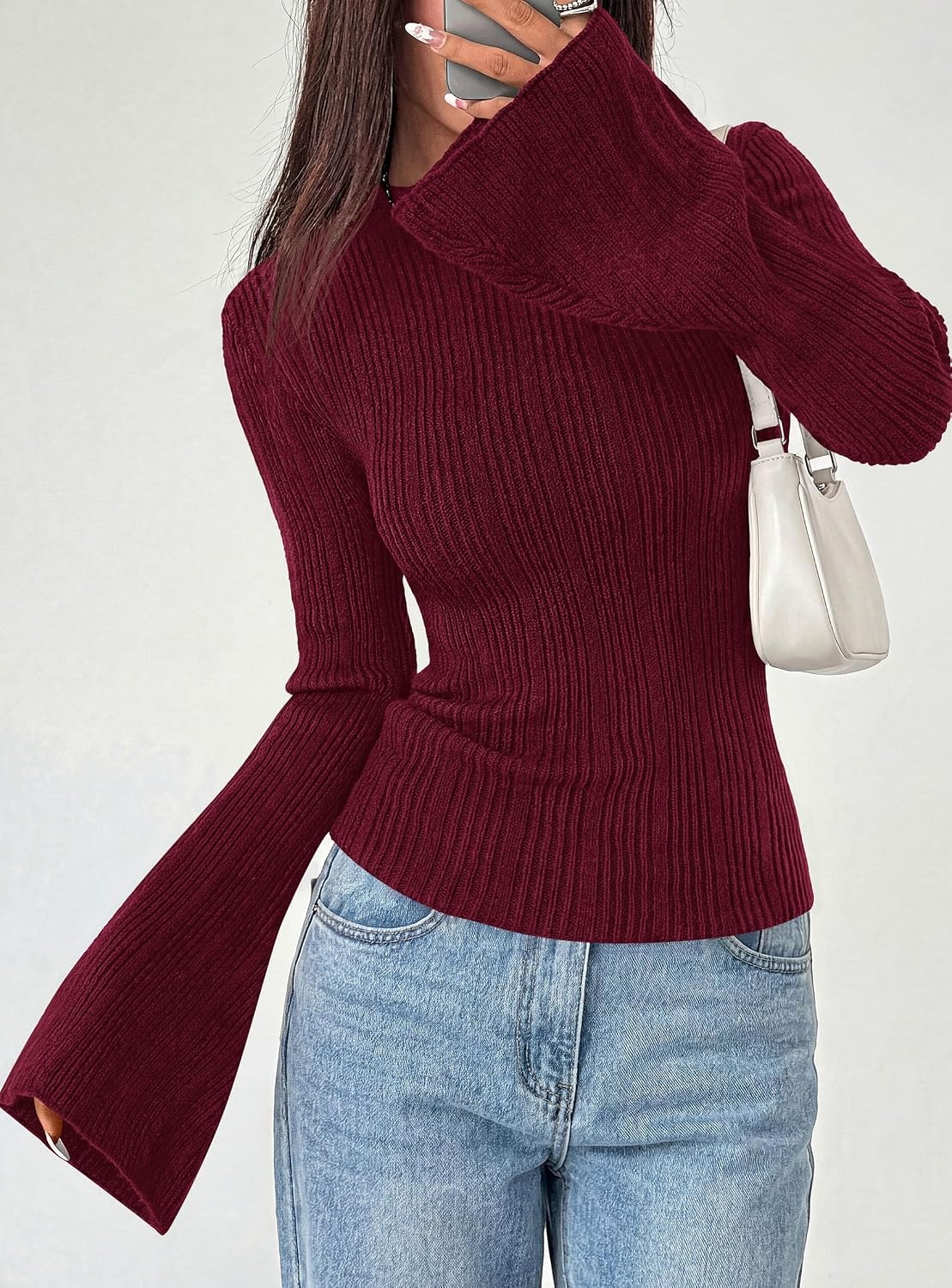 image:imagePRETTYGARDEN Sweaters for Women Lightweight Mock Neck Bell Long Sleeve Fitted Tops Ribbed Pullover 2026 Fall Fashion ClothingBurgundy