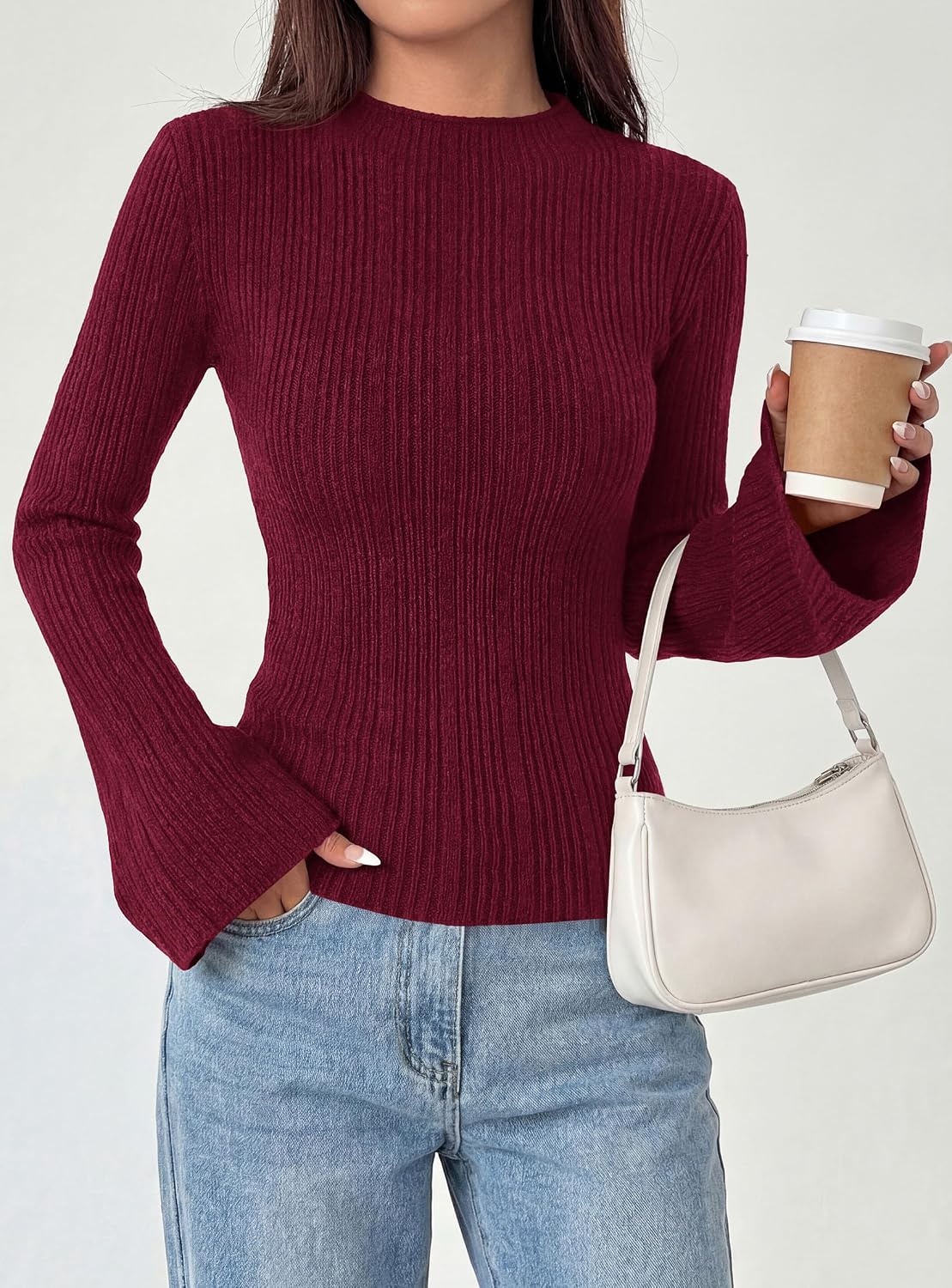 image:imagePRETTYGARDEN Sweaters for Women Lightweight Mock Neck Bell Long Sleeve Fitted Tops Ribbed Pullover 2026 Fall Fashion ClothingBurgundy