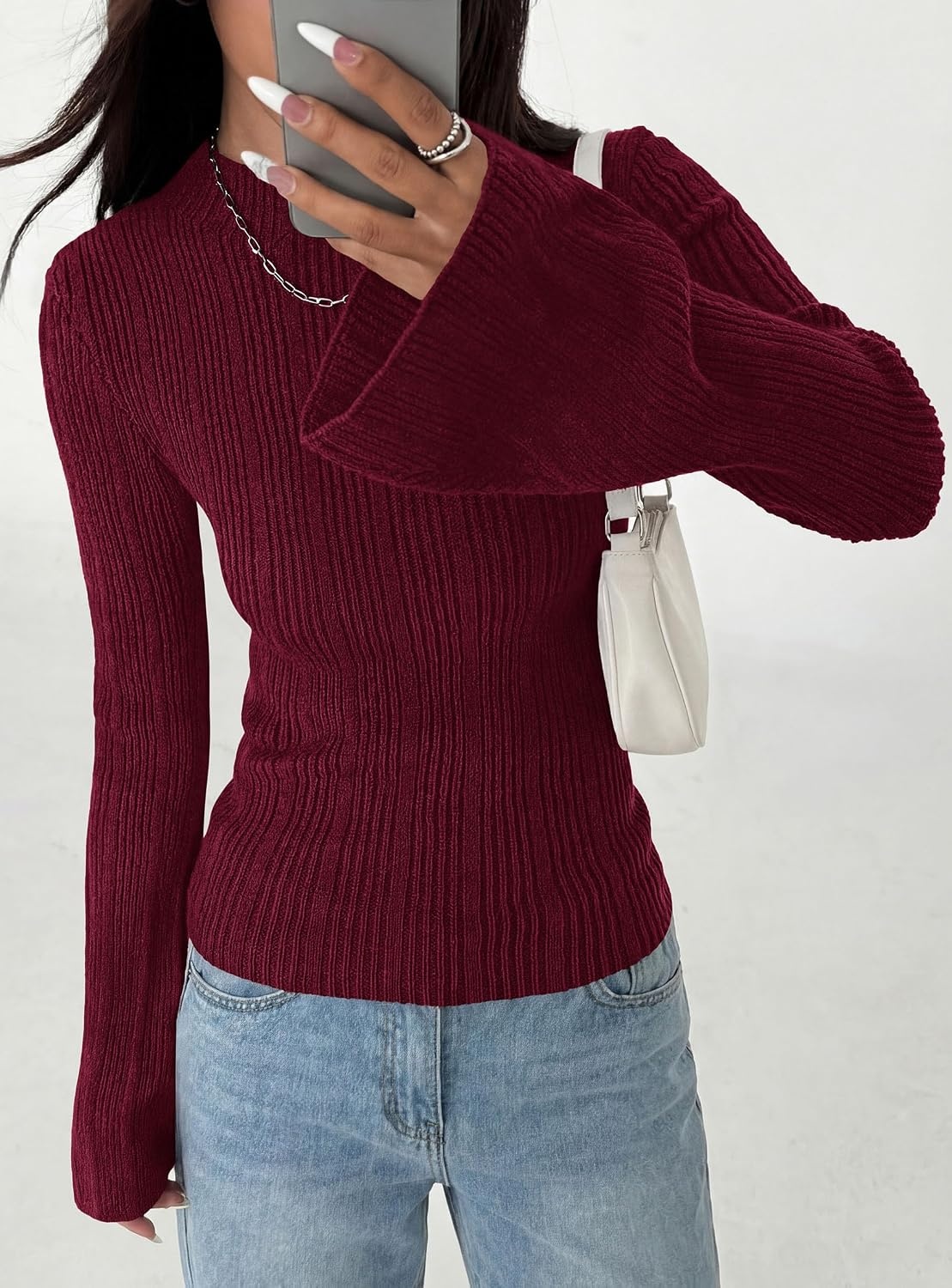 image:imagePRETTYGARDEN Sweaters for Women Lightweight Mock Neck Bell Long Sleeve Fitted Tops Ribbed Pullover 2026 Fall Fashion ClothingBurgundy
