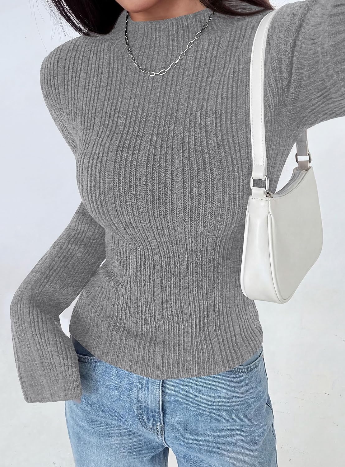 image:imagePRETTYGARDEN Sweaters for Women Lightweight Mock Neck Bell Long Sleeve Fitted Tops Ribbed Pullover 2026 Fall Fashion ClothingGrey