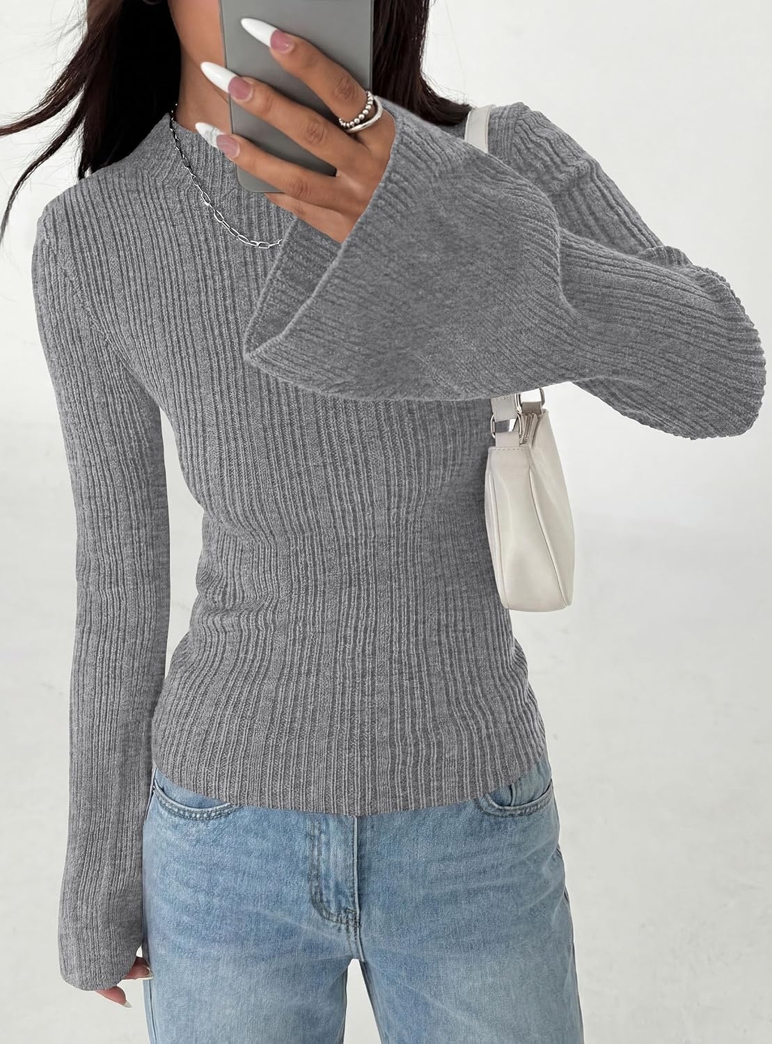 image:imagePRETTYGARDEN Sweaters for Women Lightweight Mock Neck Bell Long Sleeve Fitted Tops Ribbed Pullover 2026 Fall Fashion ClothingGrey