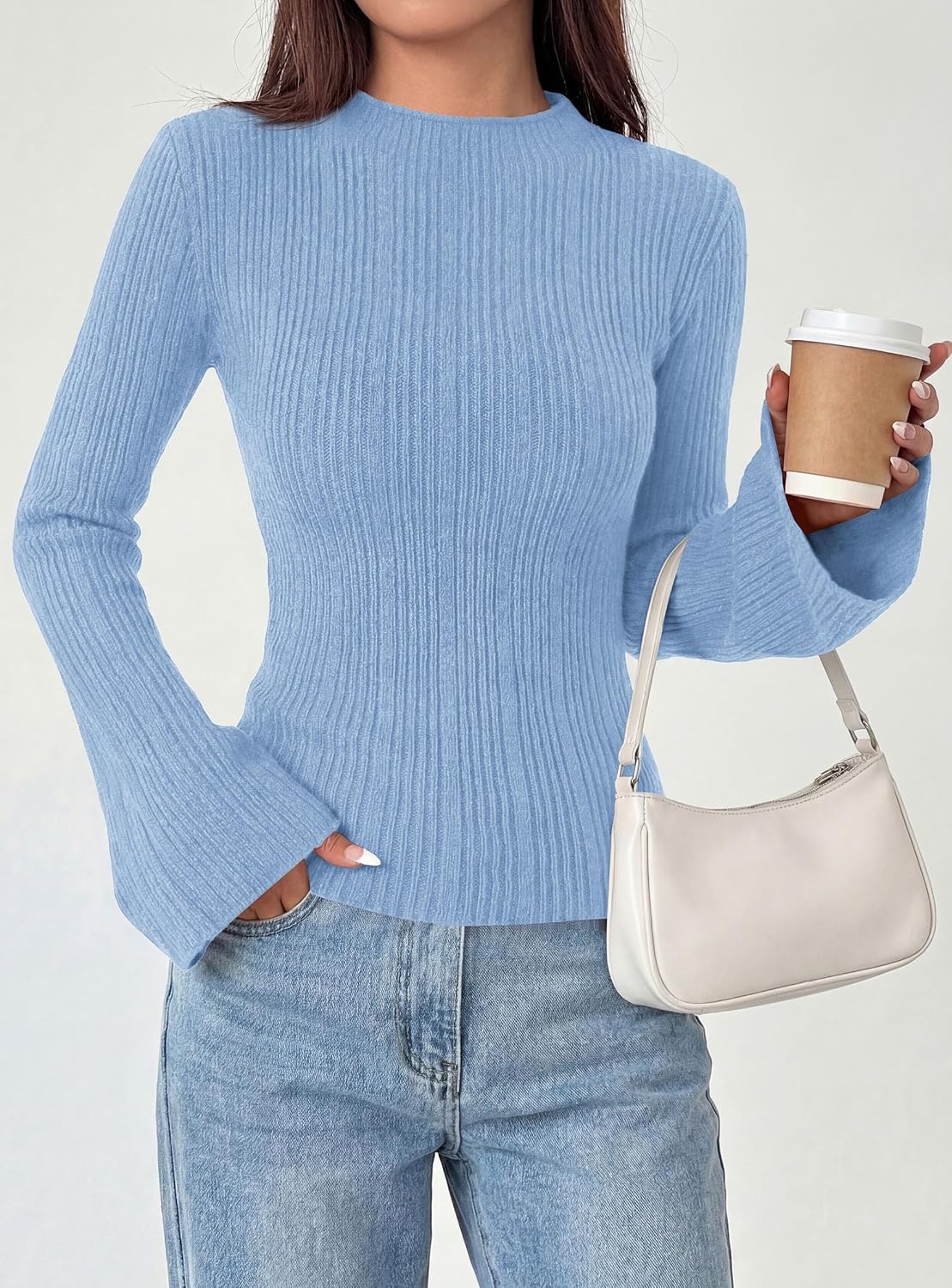 image:imagePRETTYGARDEN Sweaters for Women Lightweight Mock Neck Bell Long Sleeve Fitted Tops Ribbed Pullover 2026 Fall Fashion ClothingLight Blue