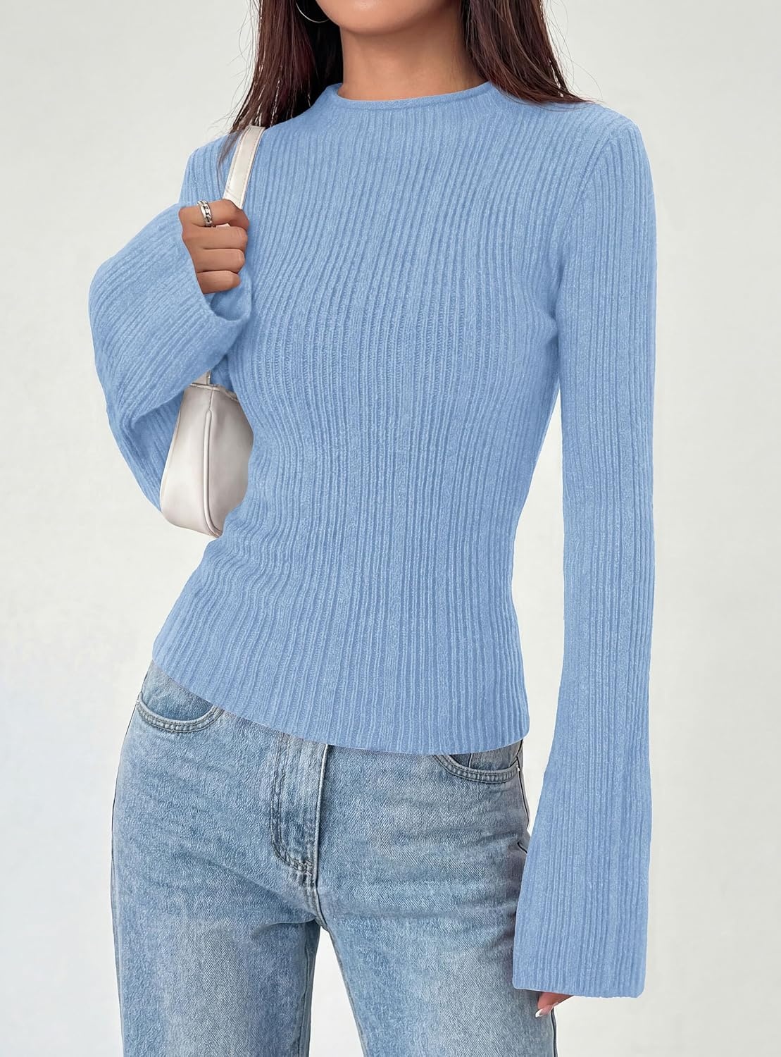 image:imagePRETTYGARDEN Sweaters for Women Lightweight Mock Neck Bell Long Sleeve Fitted Tops Ribbed Pullover 2026 Fall Fashion ClothingLight Blue