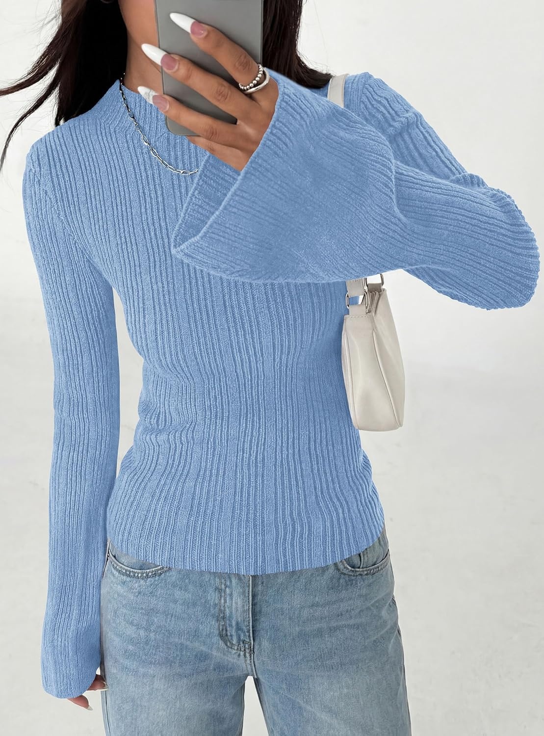 image:imagePRETTYGARDEN Sweaters for Women Lightweight Mock Neck Bell Long Sleeve Fitted Tops Ribbed Pullover 2026 Fall Fashion ClothingLight Blue