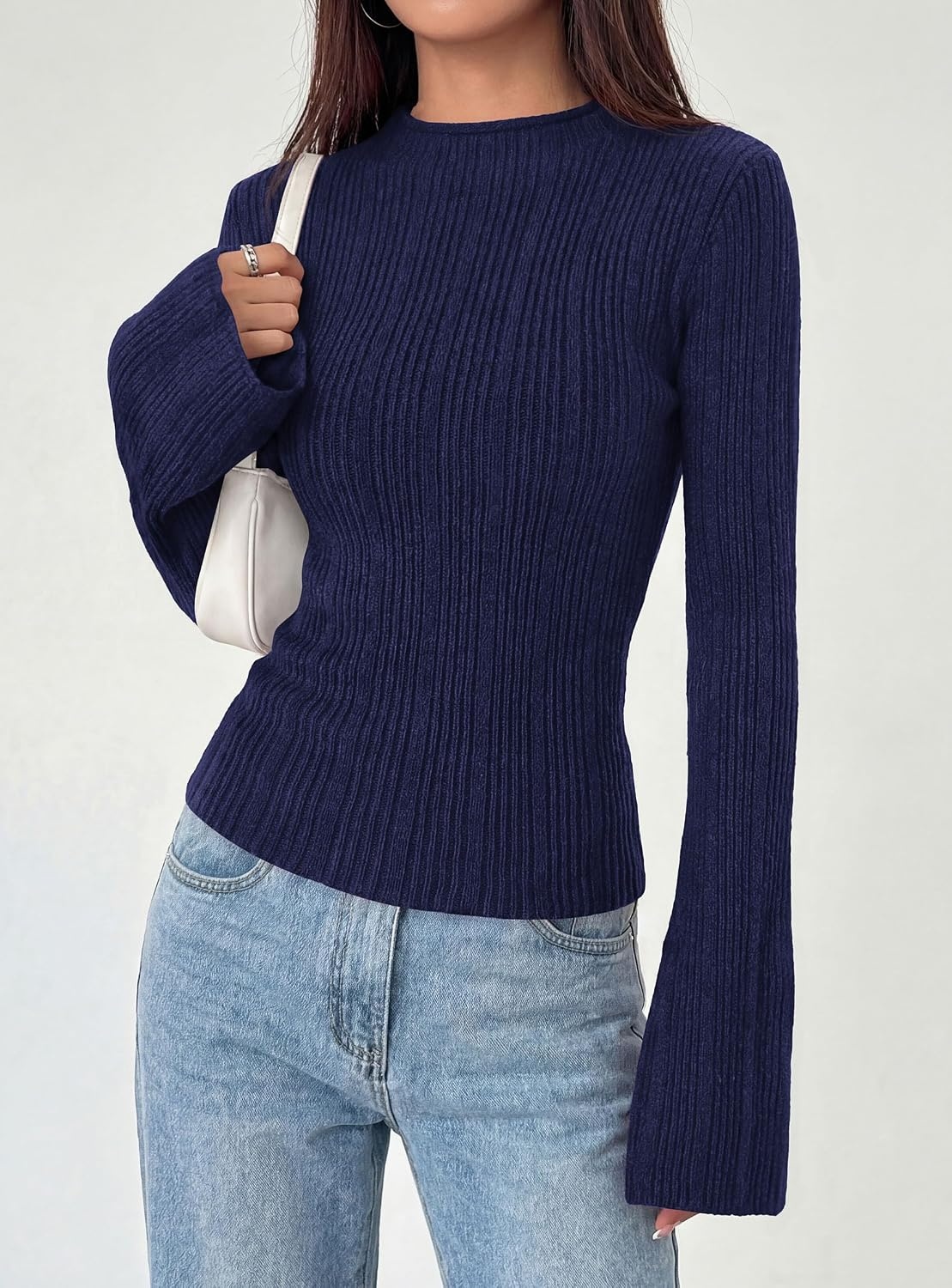 image:imagePRETTYGARDEN Sweaters for Women Lightweight Mock Neck Bell Long Sleeve Fitted Tops Ribbed Pullover 2026 Fall Fashion ClothingNavy Blue