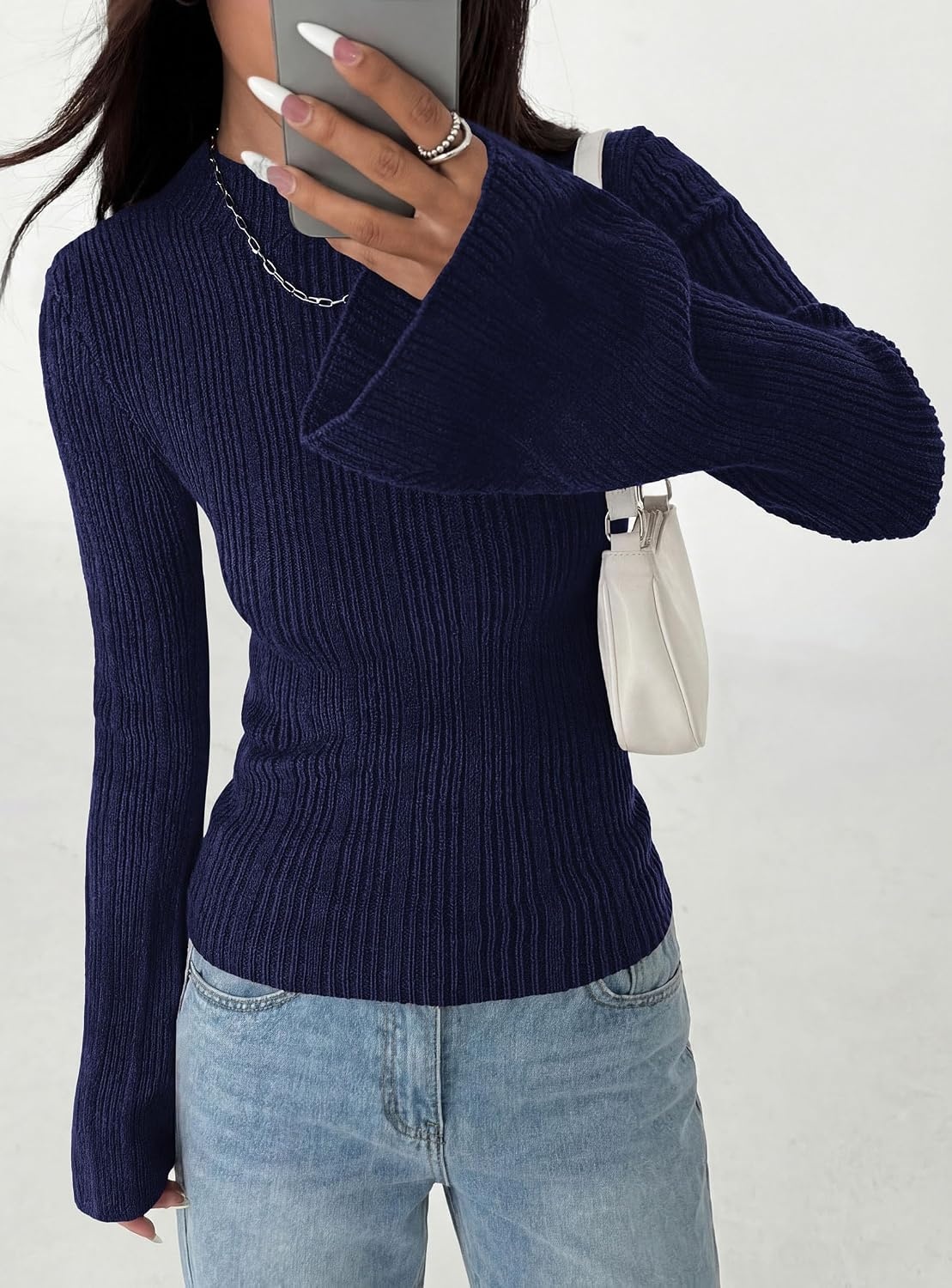 image:imagePRETTYGARDEN Sweaters for Women Lightweight Mock Neck Bell Long Sleeve Fitted Tops Ribbed Pullover 2026 Fall Fashion ClothingNavy Blue