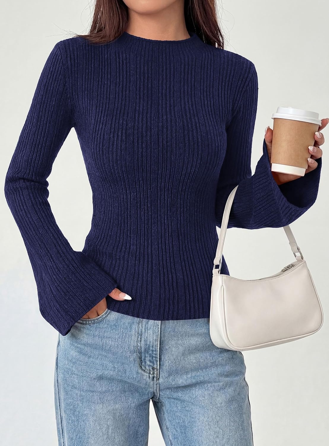 image:imagePRETTYGARDEN Sweaters for Women Lightweight Mock Neck Bell Long Sleeve Fitted Tops Ribbed Pullover 2026 Fall Fashion ClothingNavy Blue
