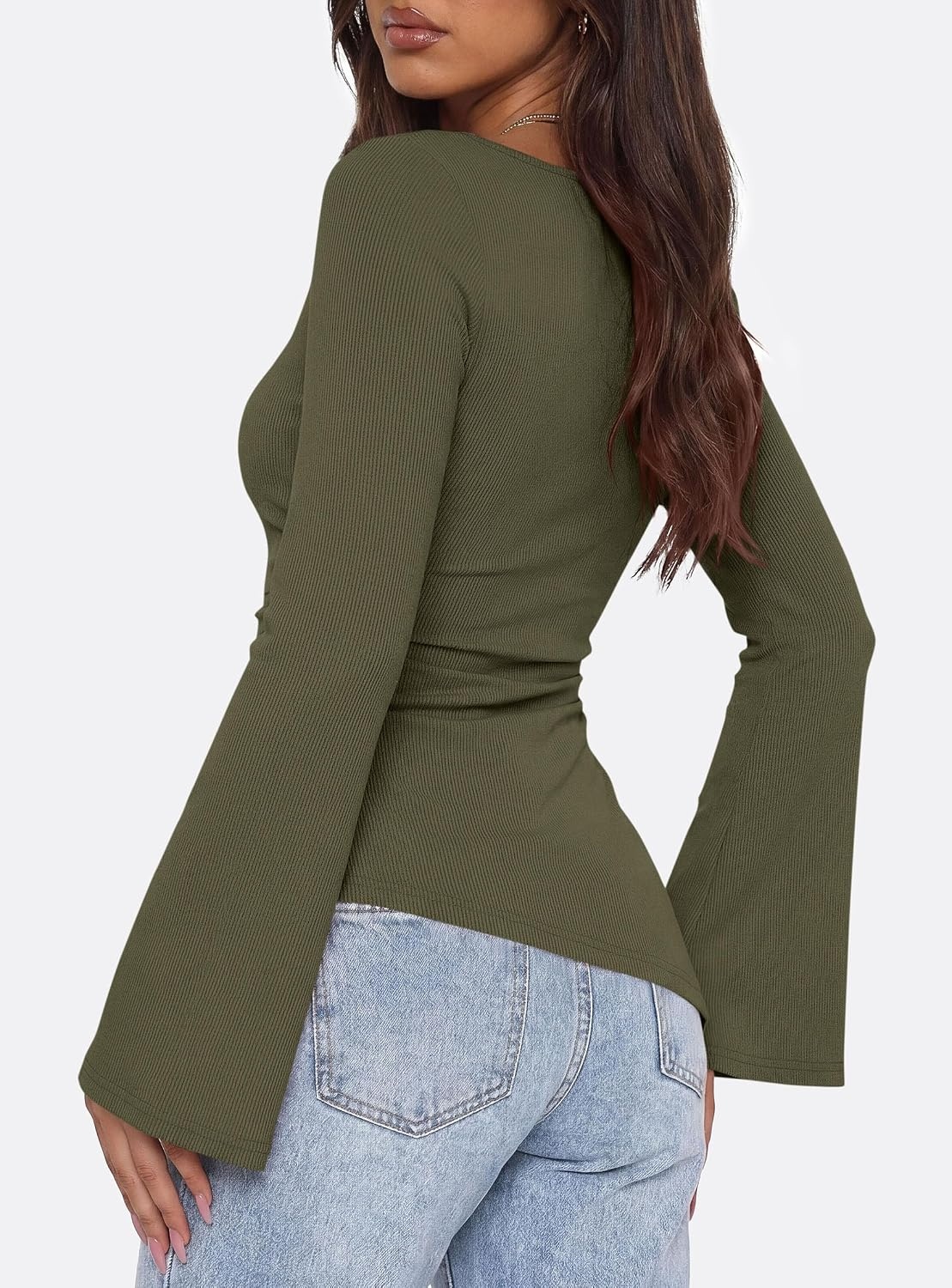 image:imagePRETTYGARDEN Womens Bell Long Sleeve Shirts 2026 Fall Boat Neck Ruched Asymmetrical Going Out Tops Ribbed Y2K ClothesArmy Green
