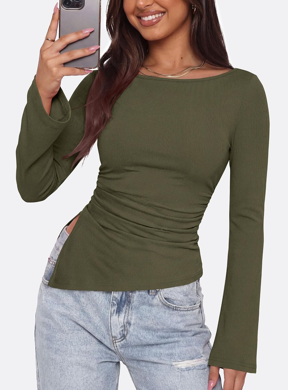 image:imagePRETTYGARDEN Womens Bell Long Sleeve Shirts 2026 Fall Boat Neck Ruched Asymmetrical Going Out Tops Ribbed Y2K ClothesArmy Green