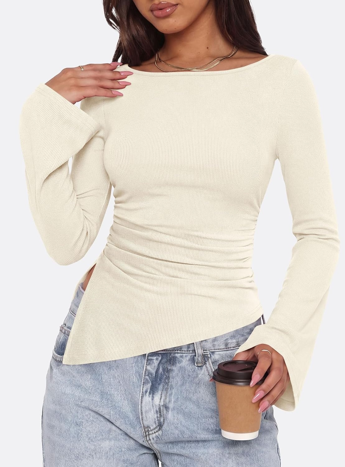 image:imagePRETTYGARDEN Womens Bell Long Sleeve Shirts 2026 Fall Boat Neck Ruched Asymmetrical Going Out Tops Ribbed Y2K ClothesBeige