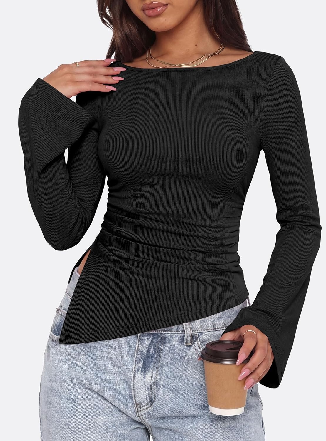 image:imagePRETTYGARDEN Womens Bell Long Sleeve Shirts 2026 Fall Boat Neck Ruched Asymmetrical Going Out Tops Ribbed Y2K ClothesBlack