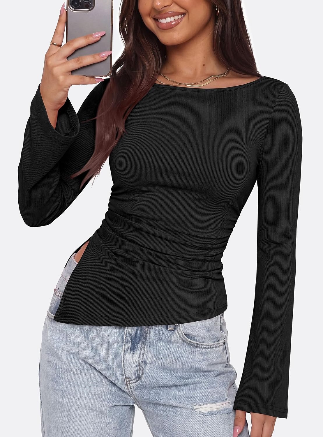 image:imagePRETTYGARDEN Womens Bell Long Sleeve Shirts 2026 Fall Boat Neck Ruched Asymmetrical Going Out Tops Ribbed Y2K ClothesBlack