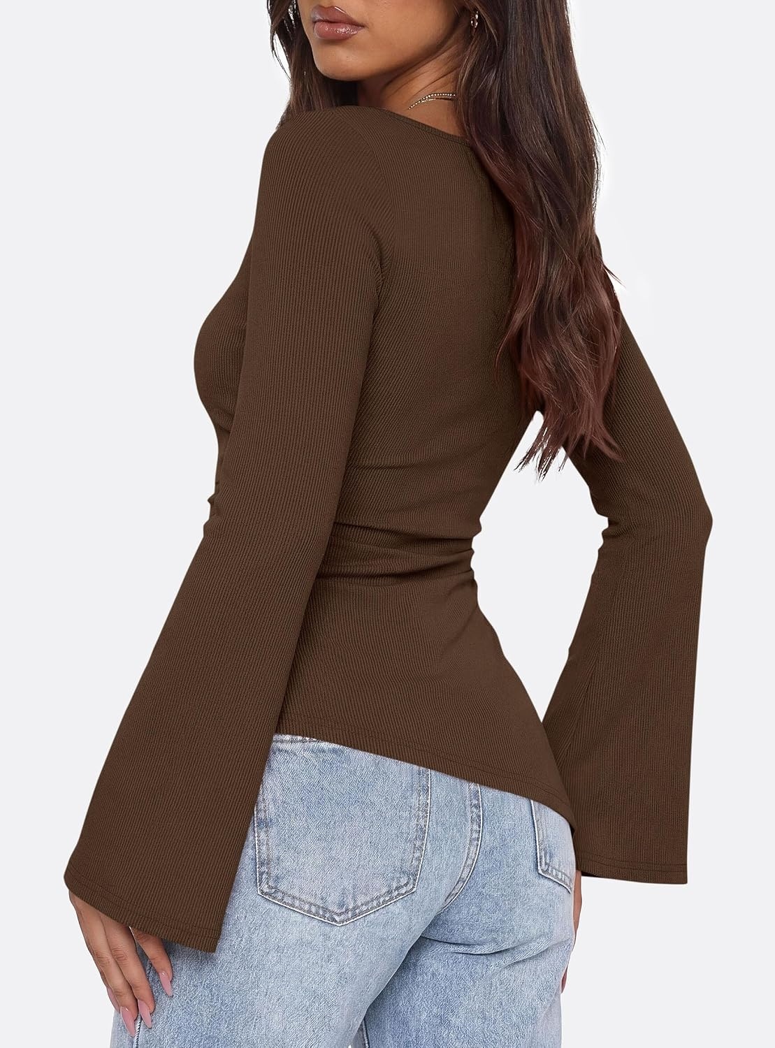 image:imagePRETTYGARDEN Womens Bell Long Sleeve Shirts 2026 Fall Boat Neck Ruched Asymmetrical Going Out Tops Ribbed Y2K ClothesBrown