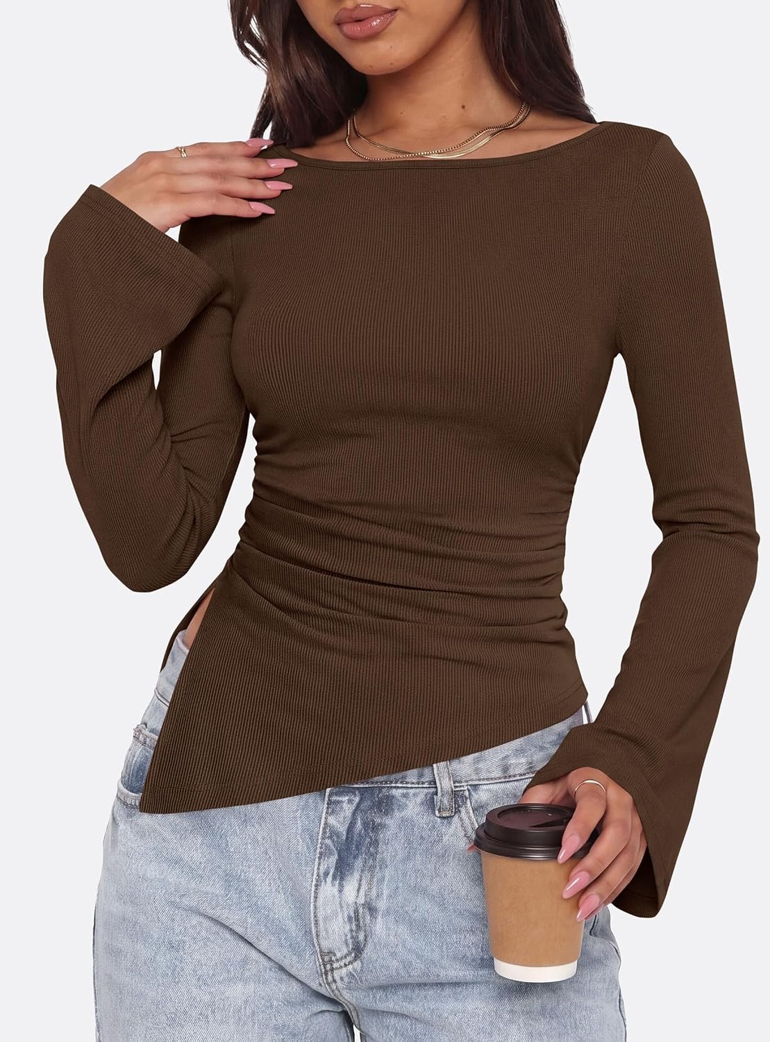 image:imagePRETTYGARDEN Womens Bell Long Sleeve Shirts 2026 Fall Boat Neck Ruched Asymmetrical Going Out Tops Ribbed Y2K ClothesBrown