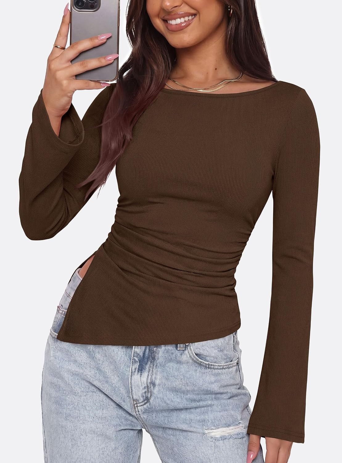 image:imagePRETTYGARDEN Womens Bell Long Sleeve Shirts 2026 Fall Boat Neck Ruched Asymmetrical Going Out Tops Ribbed Y2K ClothesBrown