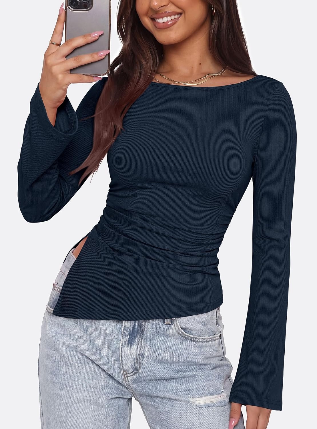 image:imagePRETTYGARDEN Womens Bell Long Sleeve Shirts 2026 Fall Boat Neck Ruched Asymmetrical Going Out Tops Ribbed Y2K ClothesNavy