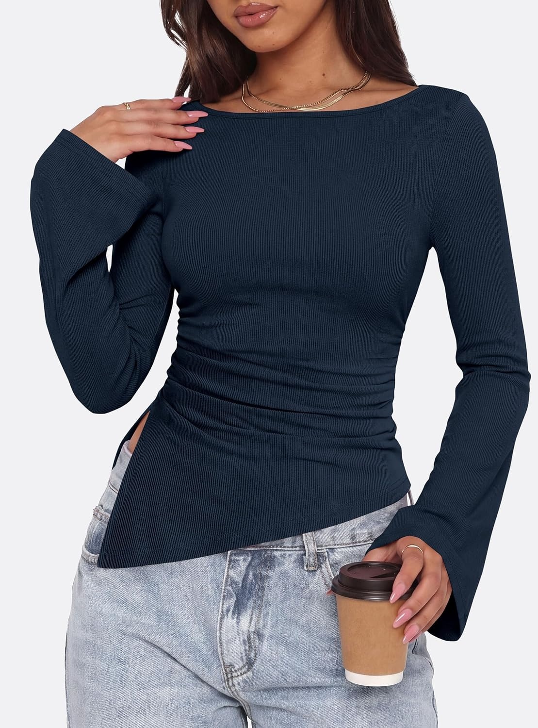 image:imagePRETTYGARDEN Womens Bell Long Sleeve Shirts 2026 Fall Boat Neck Ruched Asymmetrical Going Out Tops Ribbed Y2K ClothesNavy