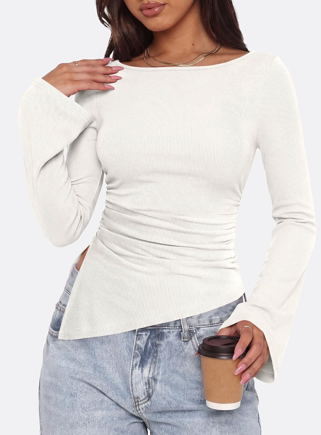 image:imagePRETTYGARDEN Womens Bell Long Sleeve Shirts 2026 Fall Boat Neck Ruched Asymmetrical Going Out Tops Ribbed Y2K ClothesWhite